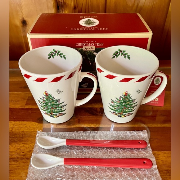 Spode Christmas Tree Peppermint Set of 2 Mugs with Spoons NEW - Picture 1 of 4